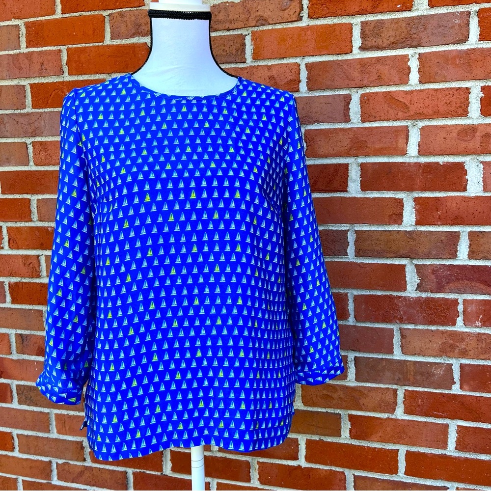 Merona 3/4 Sleeve Sailboat Print Blue and Yellow Top Womens Small